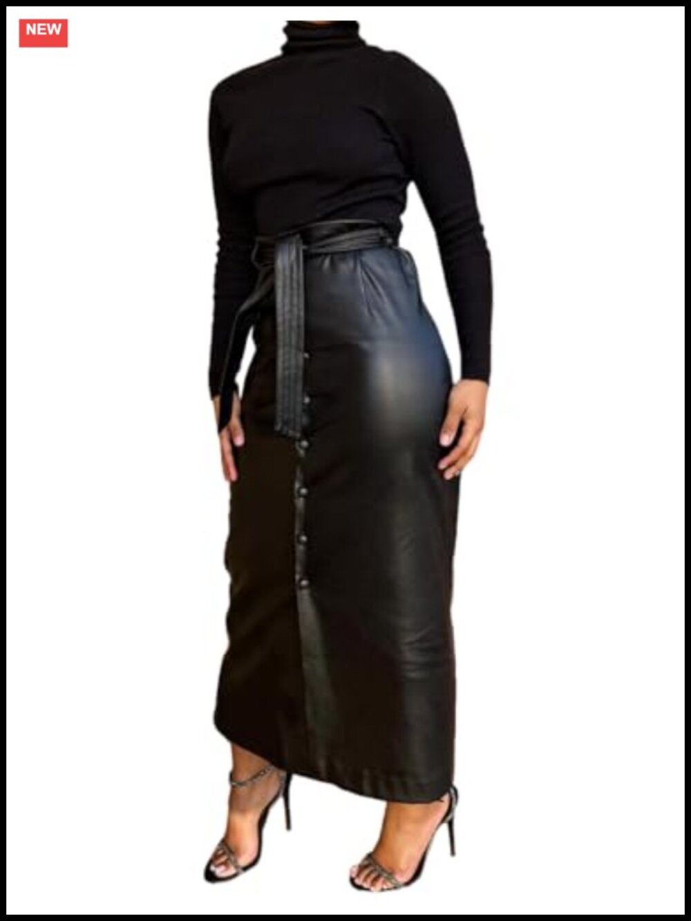Faux PU Leather Maxi Skirt with Belt Button Down Slit High Waisted